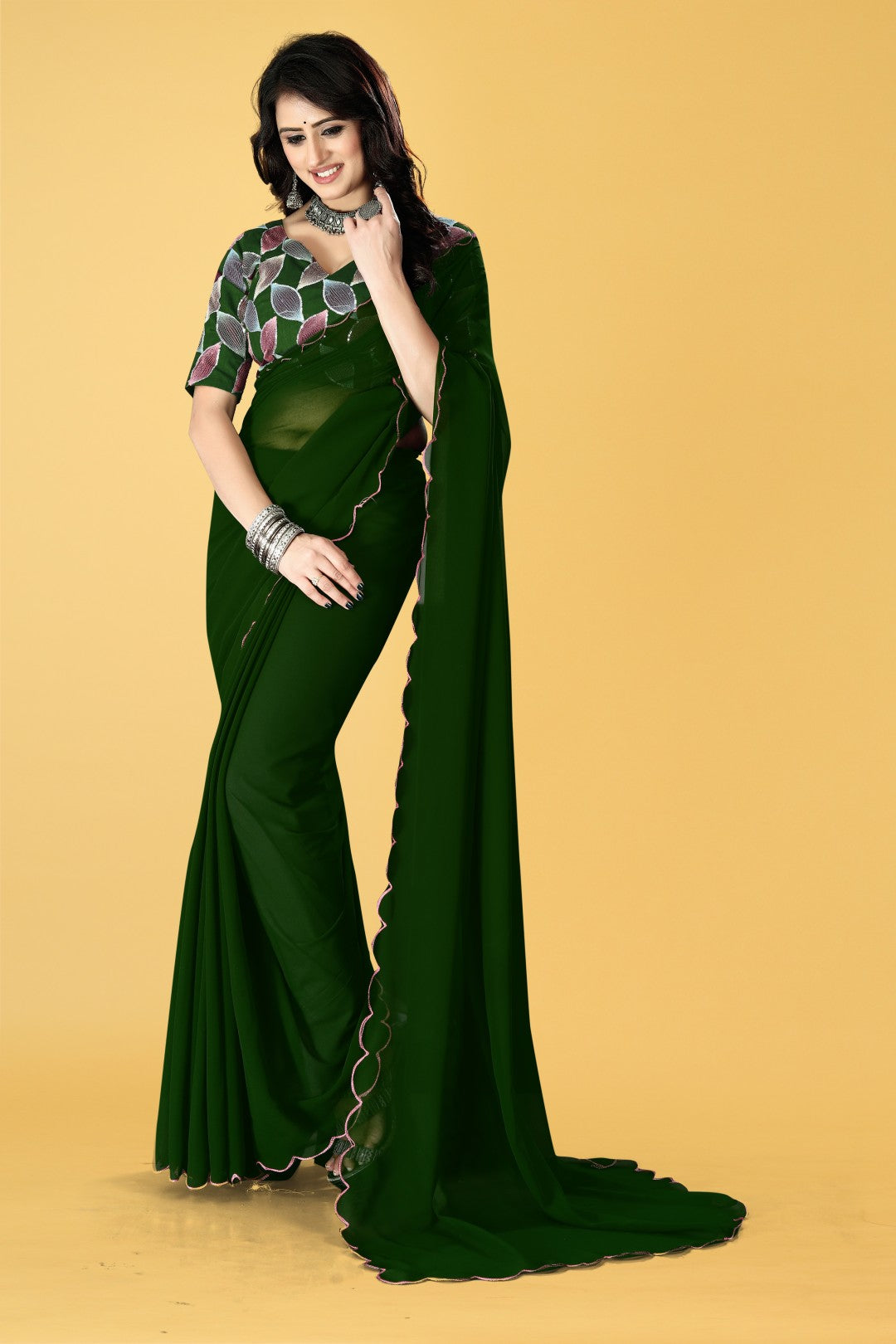 Woman Embroidered Bollywood Georgette Plan Saree