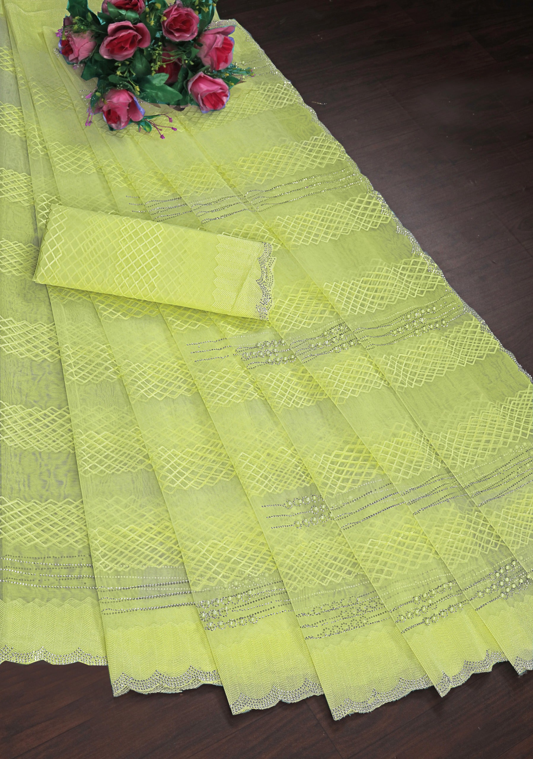 Elegant Aqua Blue Net Saree with Geometric Embroidery & Stone Work Border