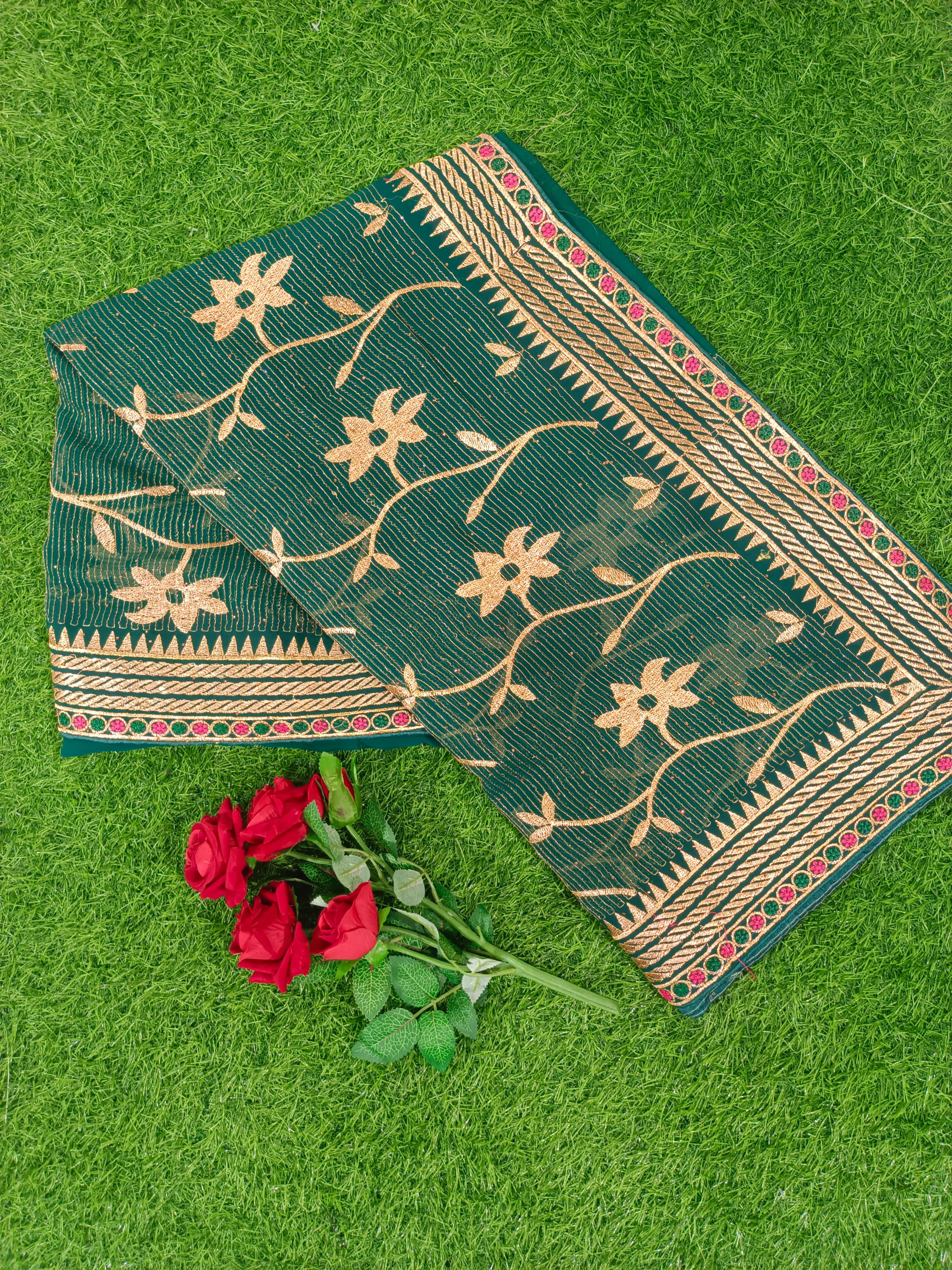 Dark Green Net Saree with Golden Floral Embroidery and Contrast Border