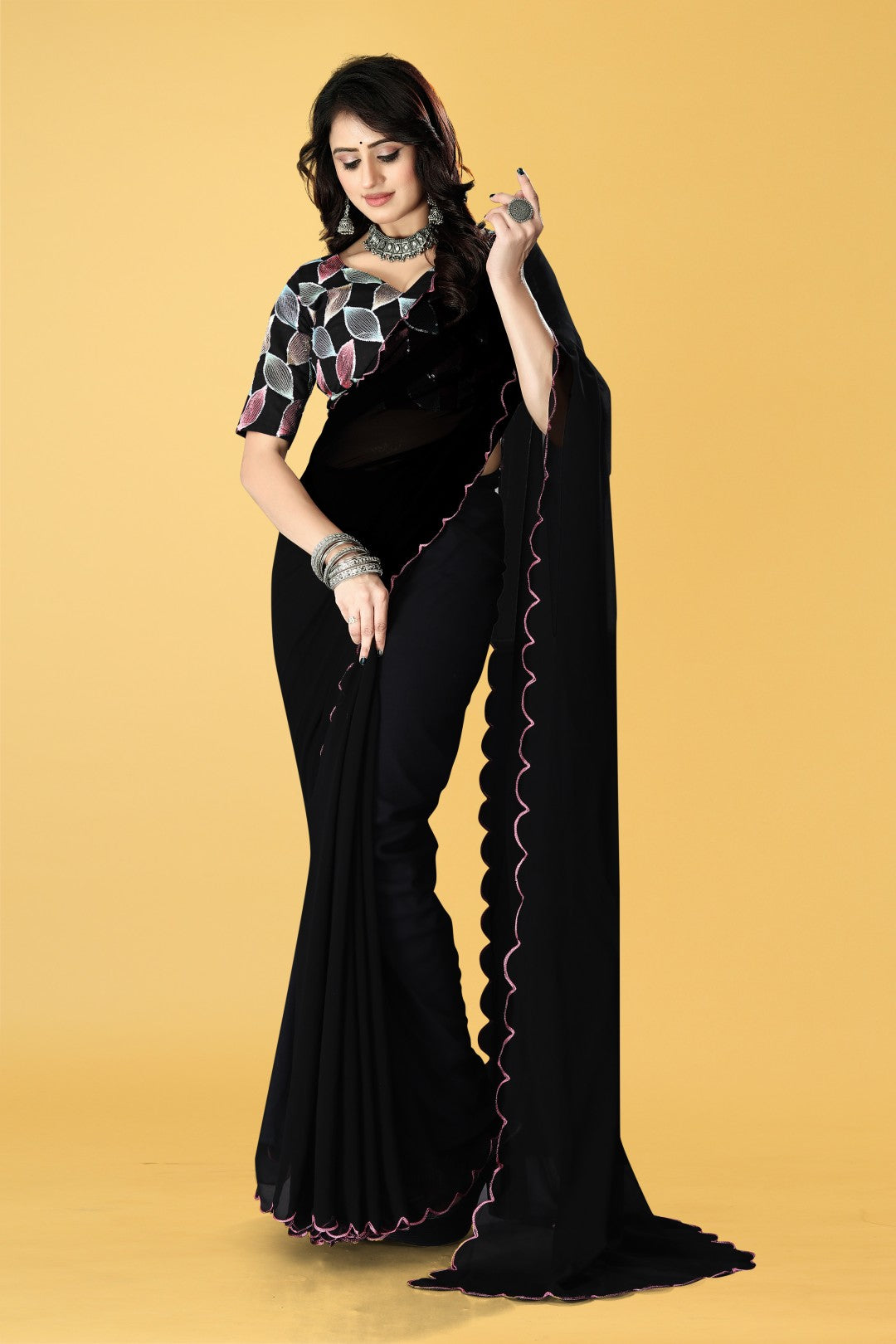 Woman Embroidered Bollywood Georgette Plan Saree