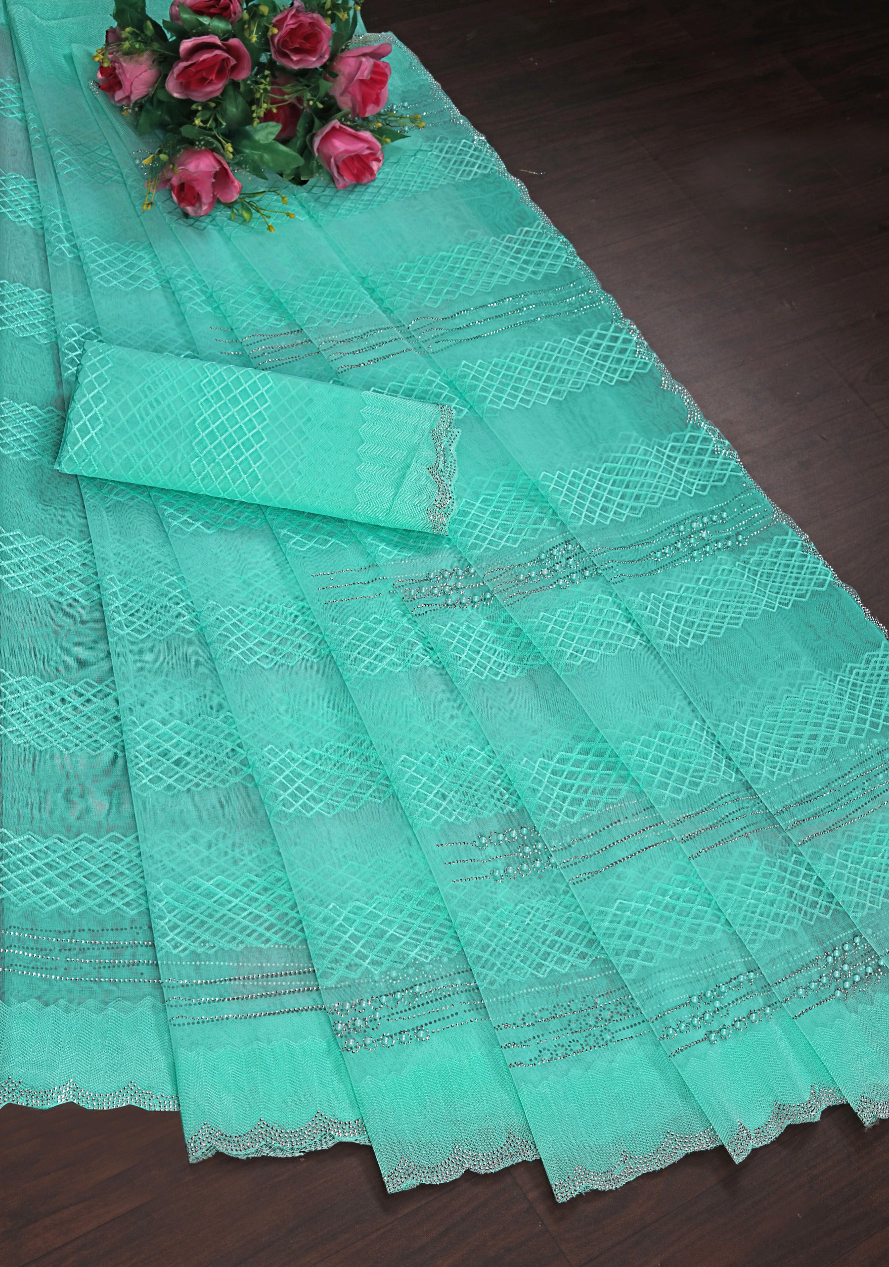 Elegant Aqua Blue Net Saree with Geometric Embroidery & Stone Work Border