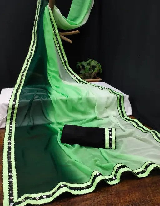 Elegant Ombre Green Chiffon Saree with Mirror Work Border & Black Blouse