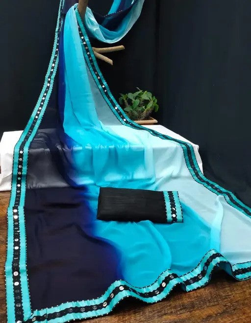 Elegant Ombre Green Chiffon Saree with Mirror Work Border & Black Blouse