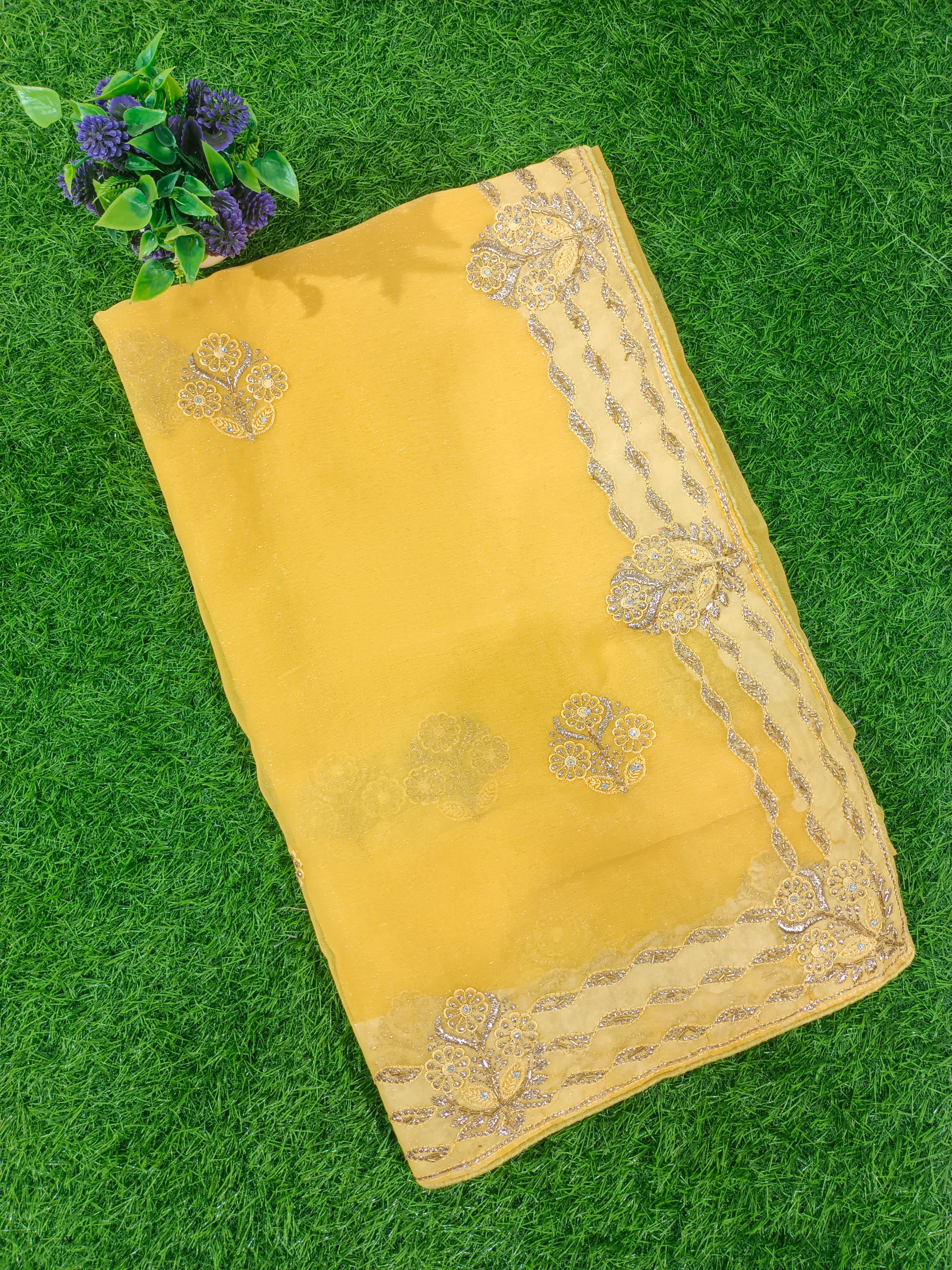 Yellow Georgette Embroidered Saree with Floral Border Work