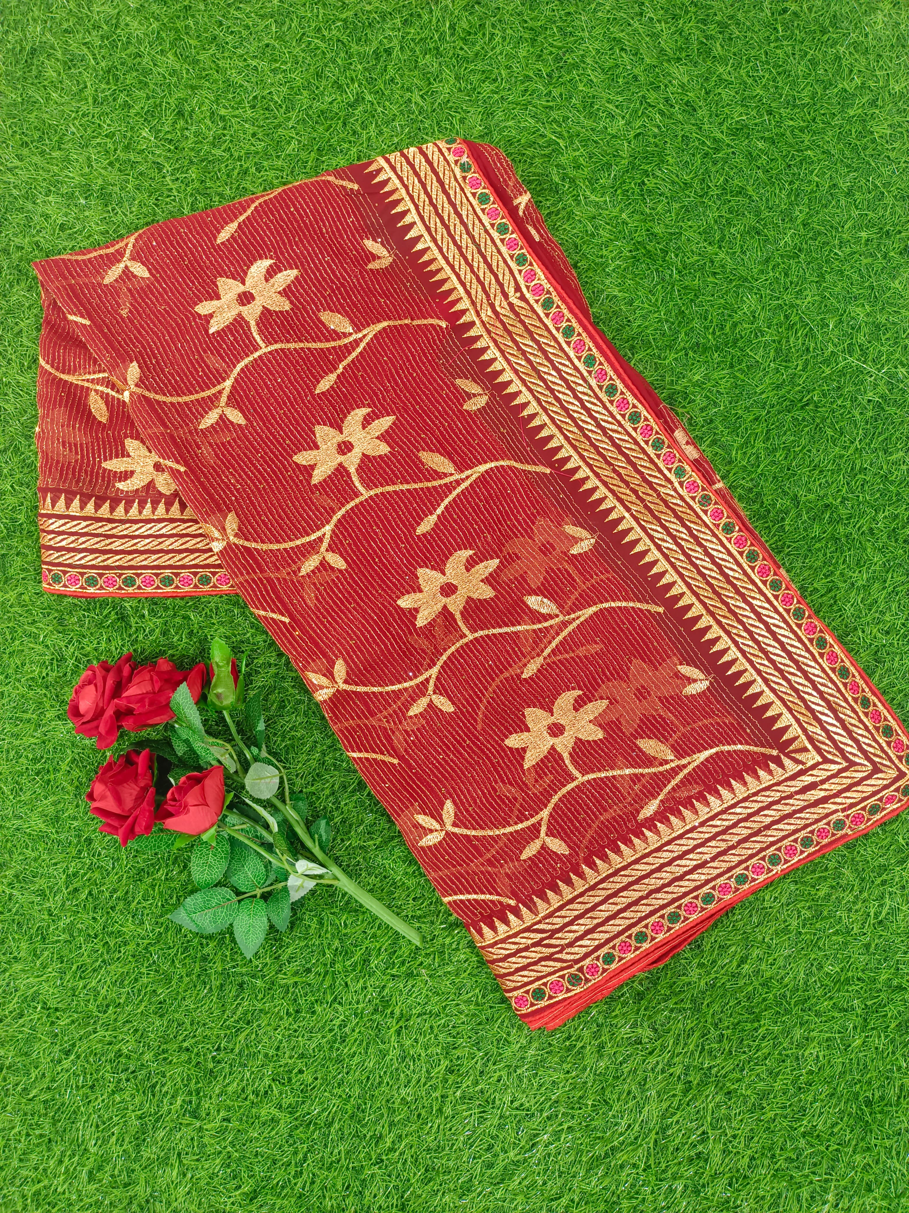 Dark Green Net Saree with Golden Floral Embroidery and Contrast Border