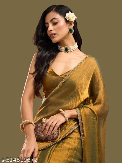 Elegant Golden Satin Silk Saree with Designer Blouse
