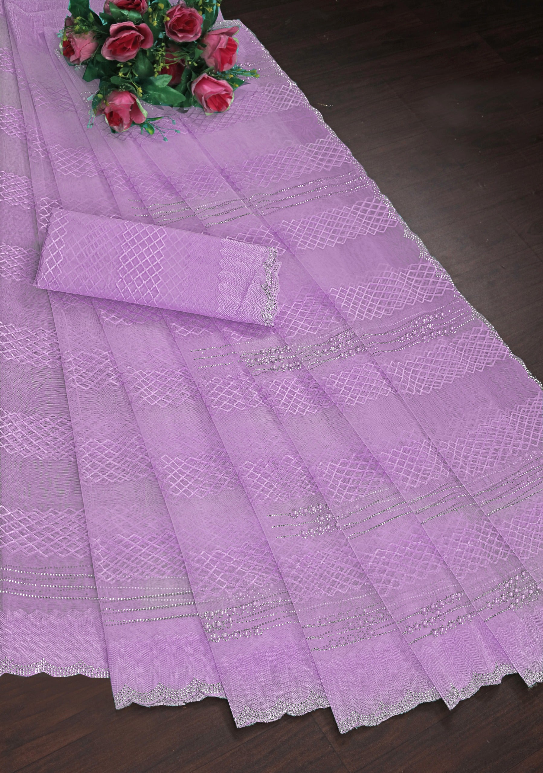 Elegant Aqua Blue Net Saree with Geometric Embroidery & Stone Work Border