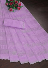 Elegant Aqua Blue Net Saree with Geometric Embroidery & Stone Work Border