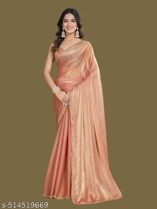 Elegant Golden Satin Silk Saree with Designer Blouse