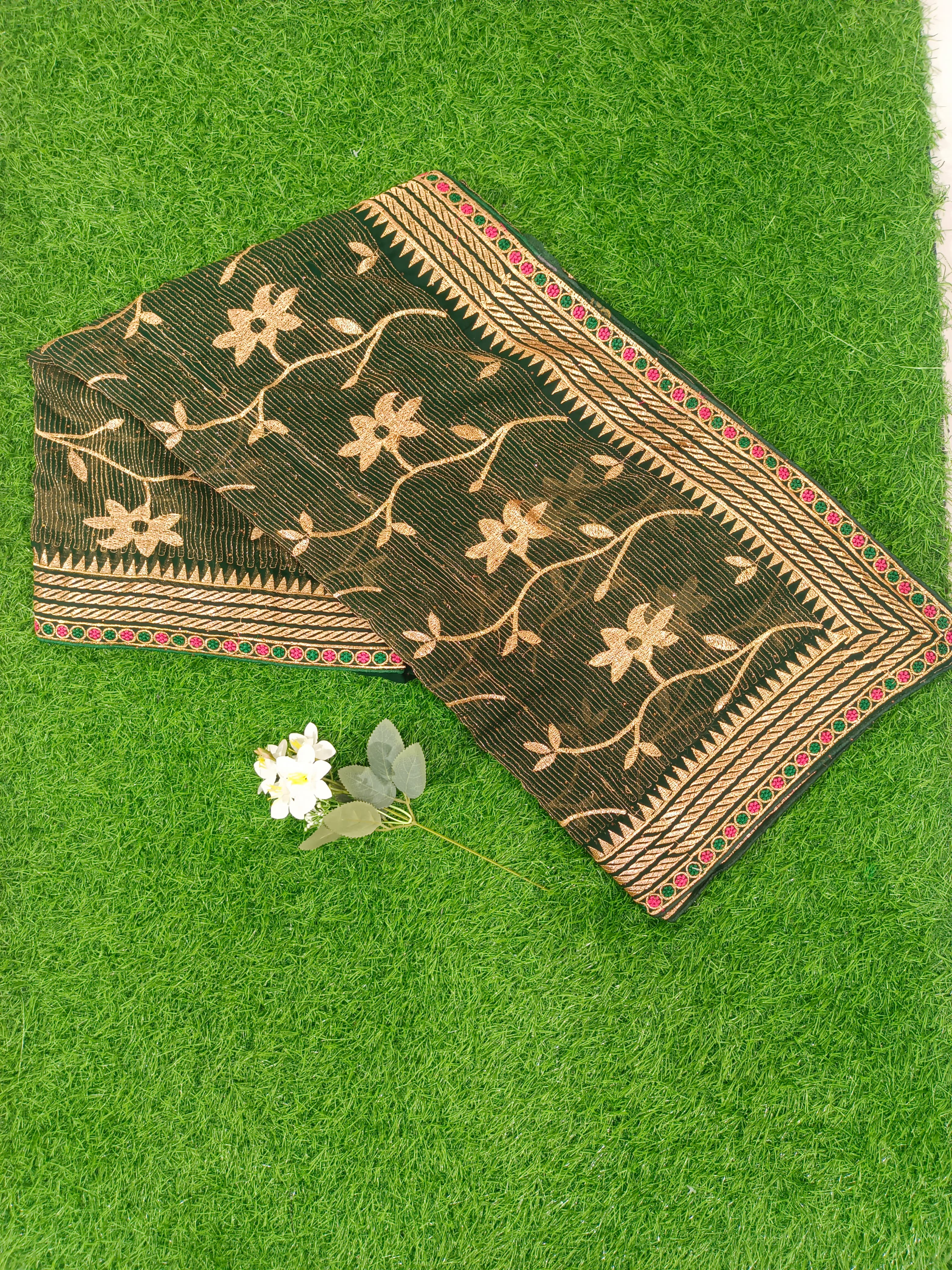 Dark Green Net Saree with Golden Floral Embroidery and Contrast Border