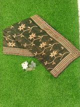 Dark Green Net Saree with Golden Floral Embroidery and Contrast Border