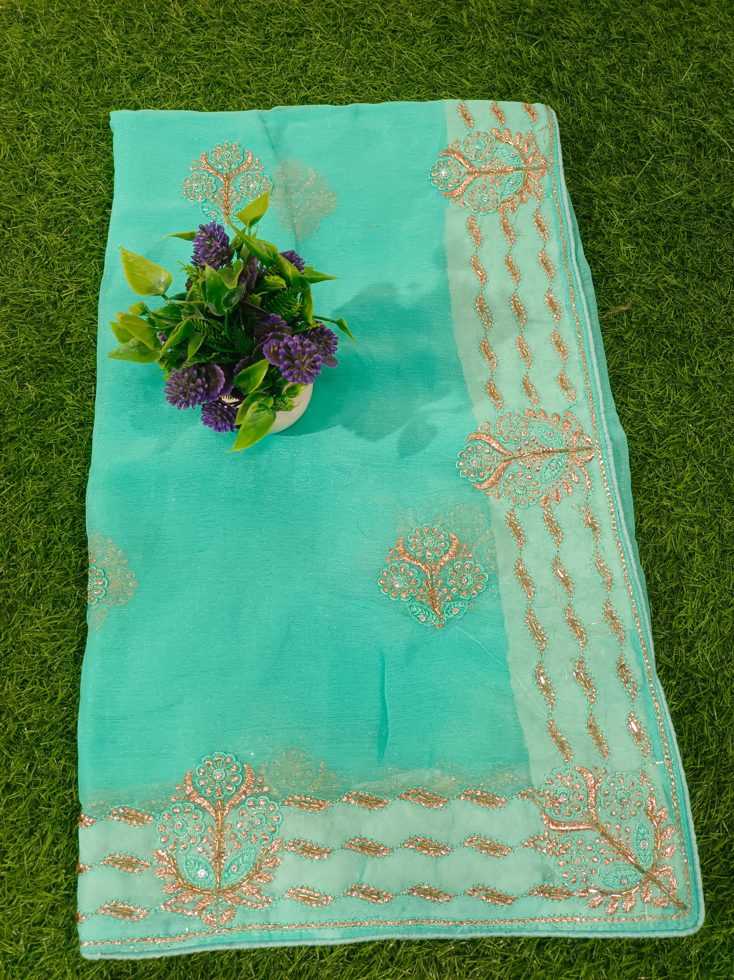 Yellow Georgette Embroidered Saree with Floral Border Work