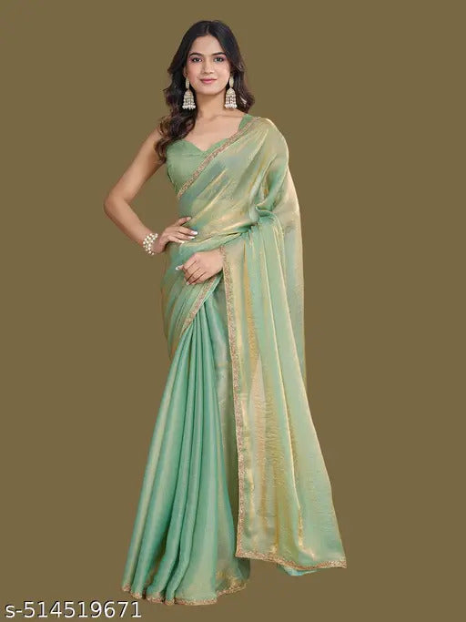 Elegant Golden Satin Silk Saree with Designer Blouse