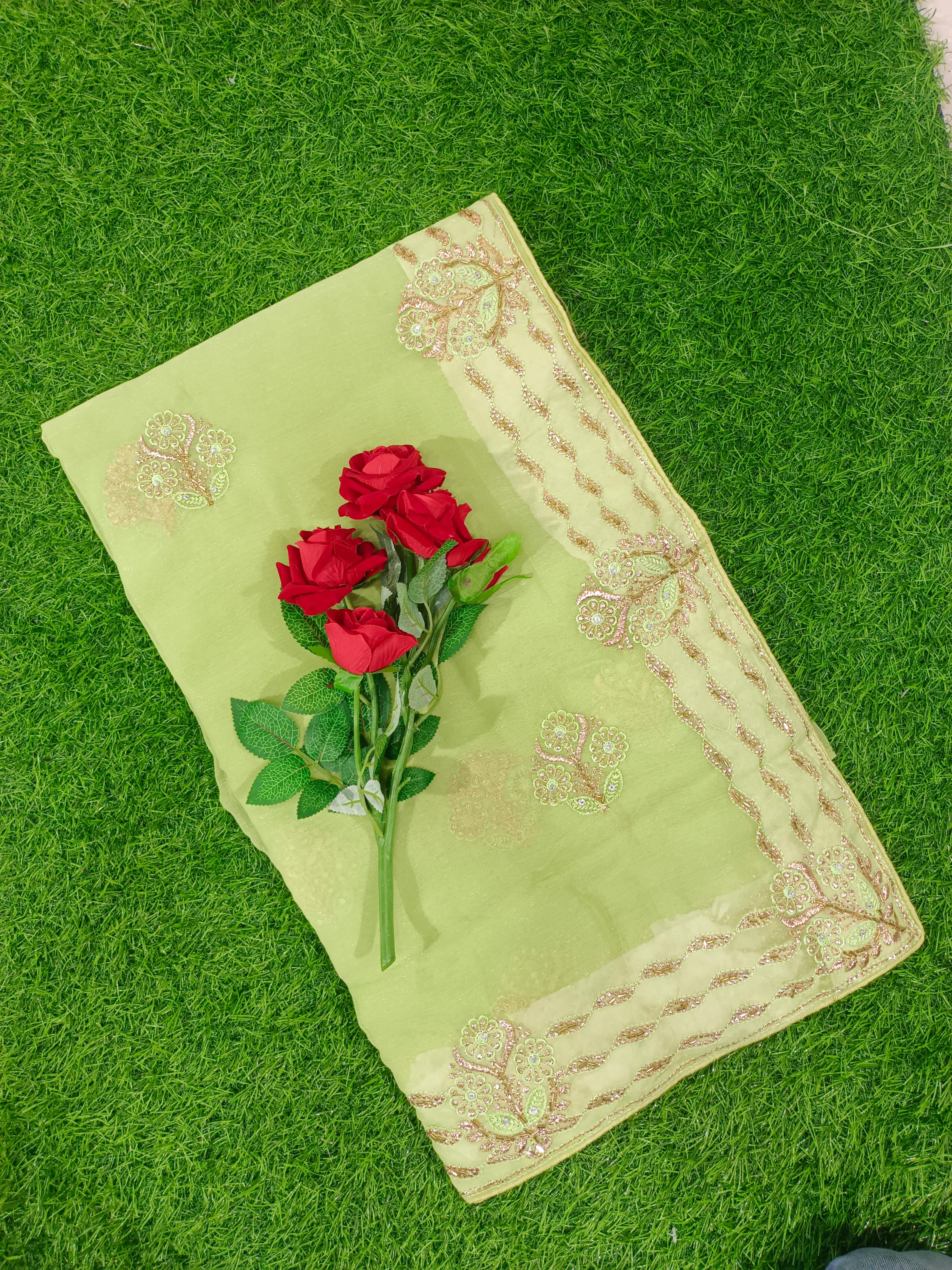 Yellow Georgette Embroidered Saree with Floral Border Work