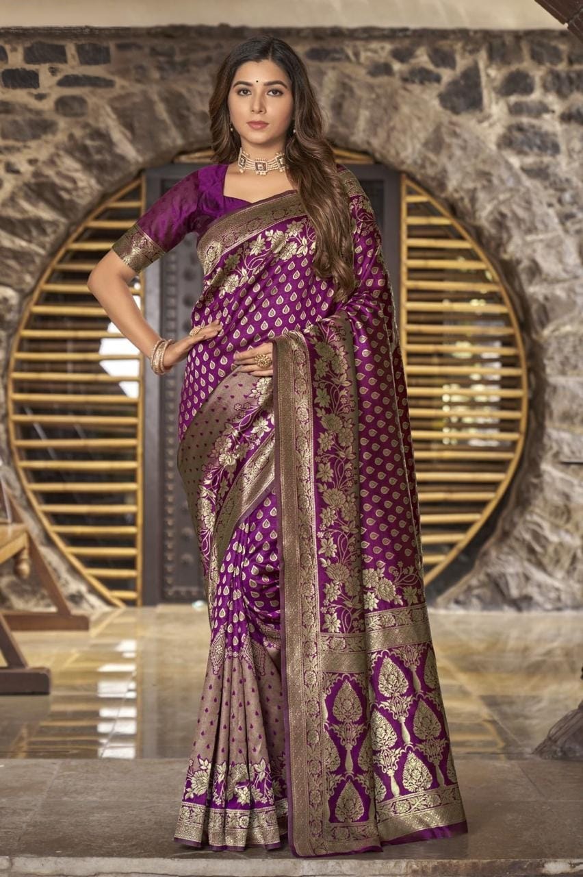 Majestic Purple Banarasi Silk Saree with Rich Golden Zari Work