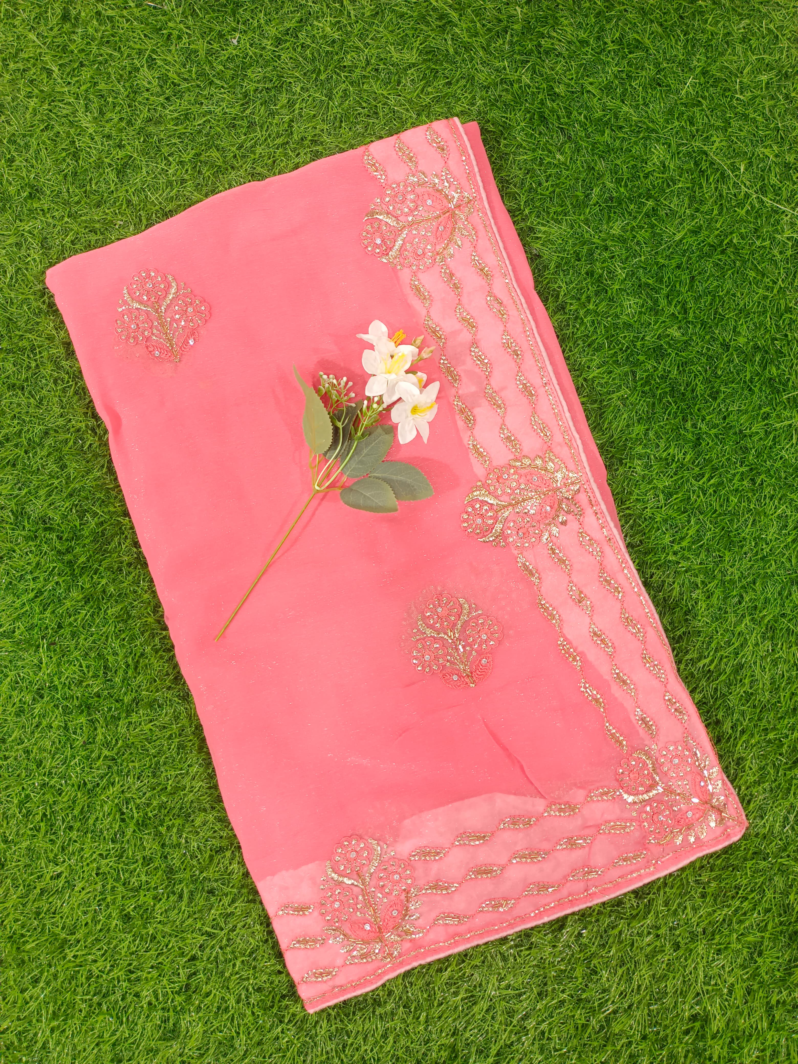 Yellow Georgette Embroidered Saree with Floral Border Work