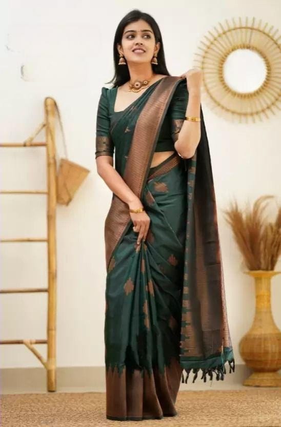 Elegant Bottle Green Soft Silk Saree with Copper Zari Border