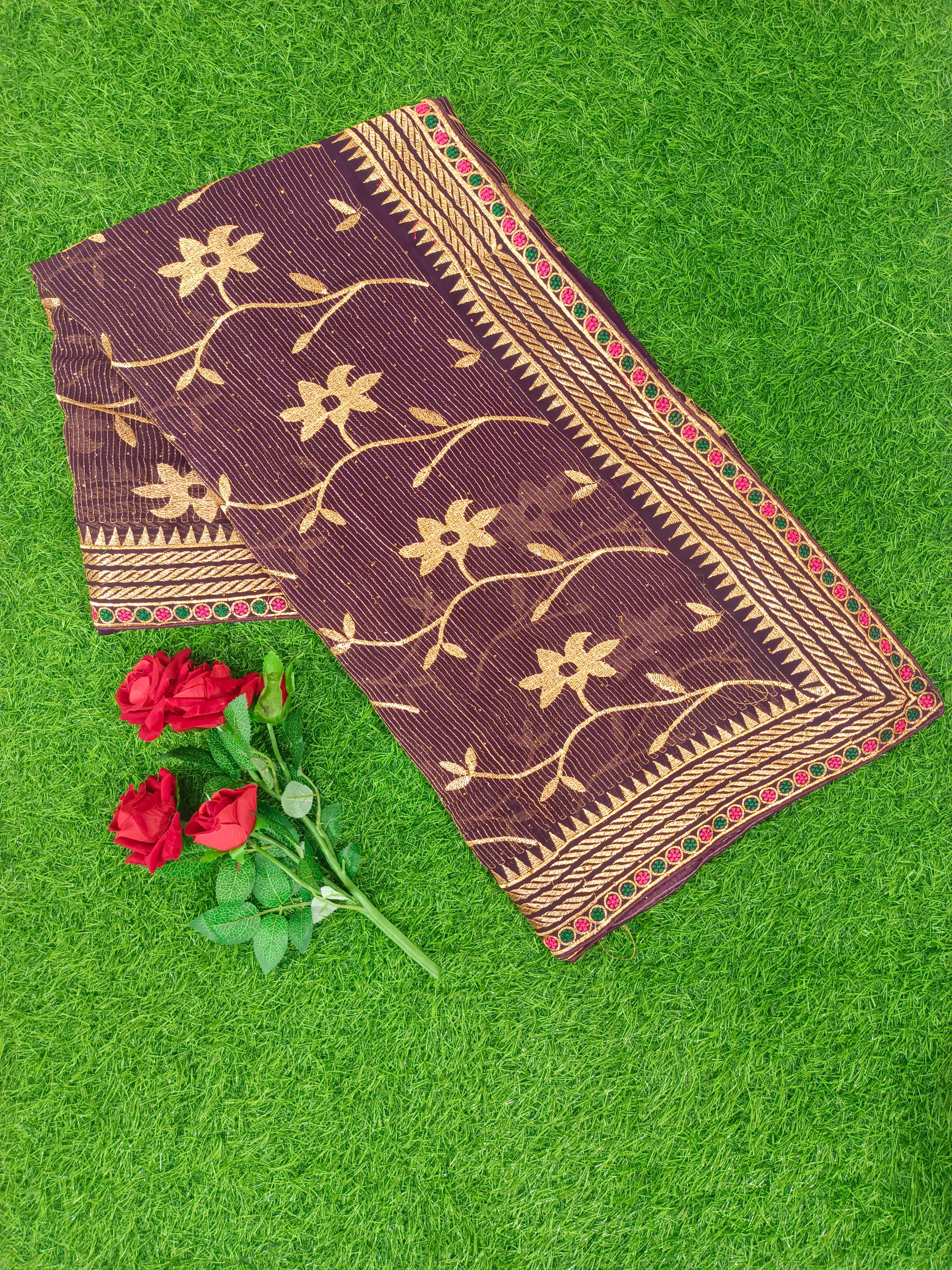 Dark Green Net Saree with Golden Floral Embroidery and Contrast Border