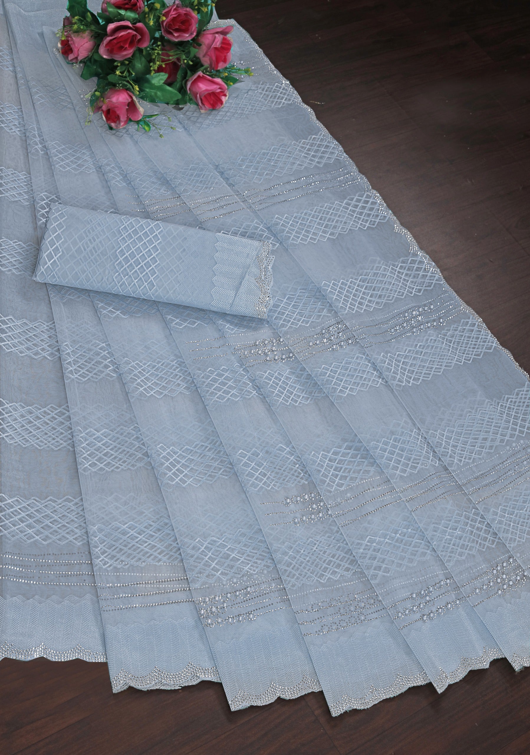 Elegant Aqua Blue Net Saree with Geometric Embroidery & Stone Work Border