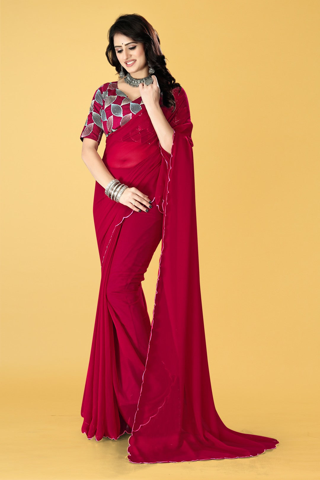 Woman Embroidered Bollywood Georgette Plan Saree