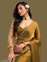 Elegant Golden Satin Silk Saree with Designer Blouse
